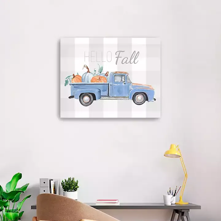 Blue Checkered Pumpkin Truck Canvas Wall Art