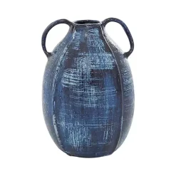 Blue Crosshatch Double Handle Ceramic Vase, 9 in.