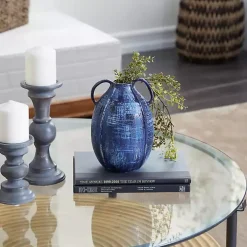 Blue Crosshatch Double Handle Ceramic Vase, 9 in.