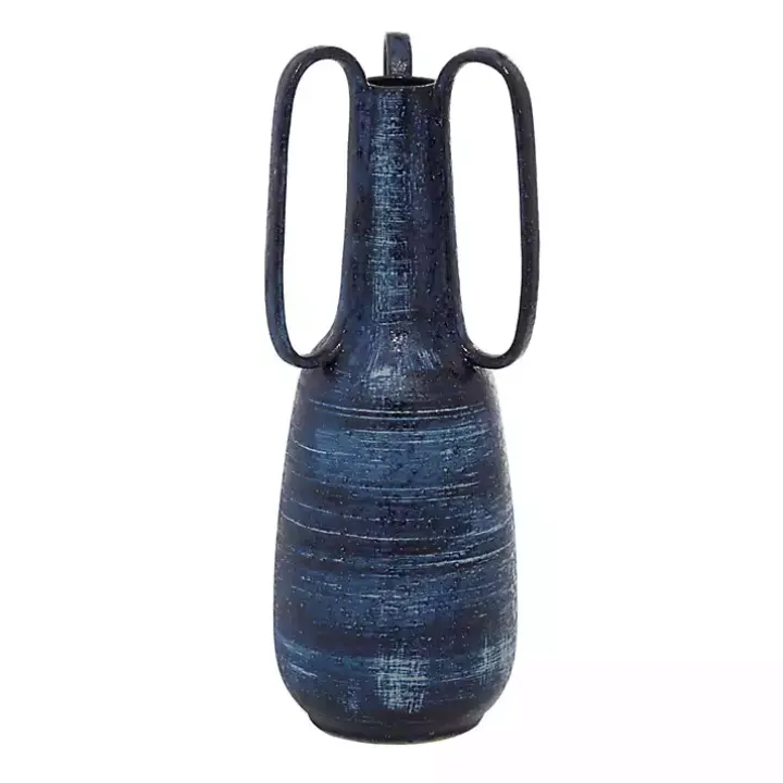 Blue Crosshatch Triple Handle Ceramic Vase, 17 in.
