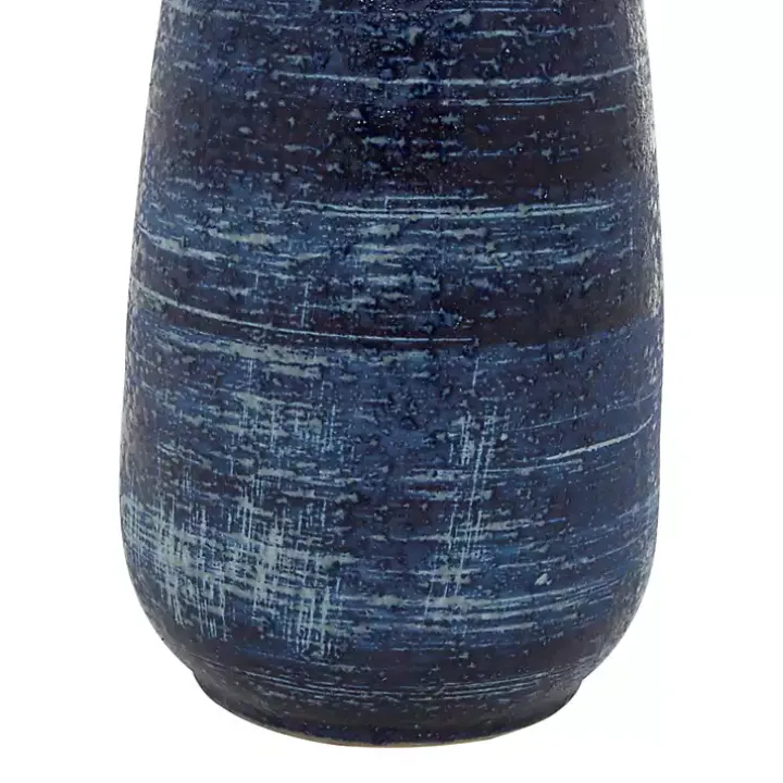 Blue Crosshatch Triple Handle Ceramic Vase, 17 in.