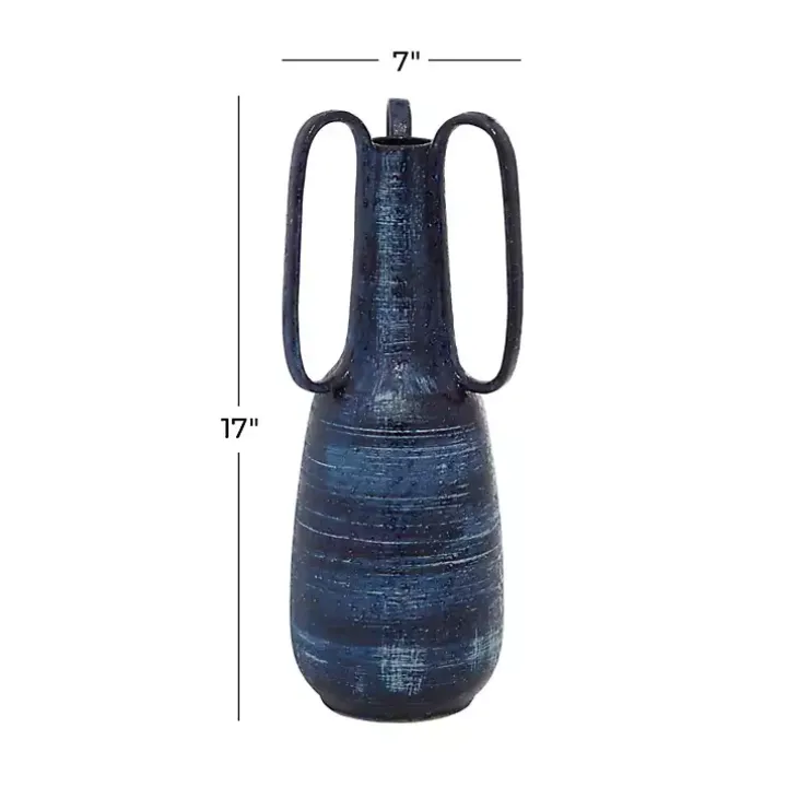 Blue Crosshatch Triple Handle Ceramic Vase, 17 in.
