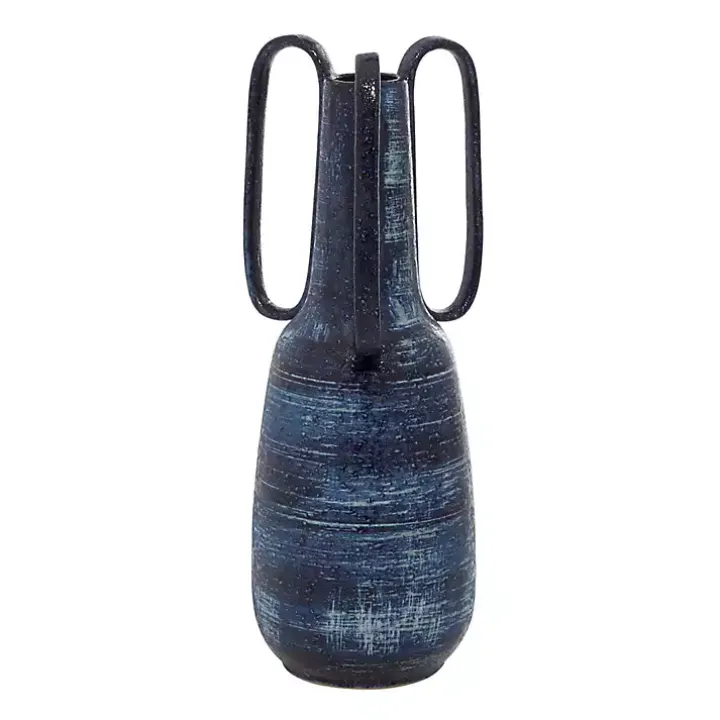 Blue Crosshatch Triple Handle Ceramic Vase, 17 in.