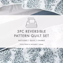 Blue Damask Reversible 3-pc. King Quilt Set