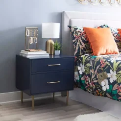Blue 2-Drawer Nightstand with Gold Hardware