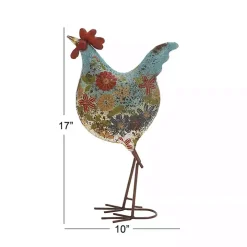 Blue Floral Metal Rooster Statue