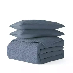 Blue Floral Stitch 3-pc. Queen Quilt Set