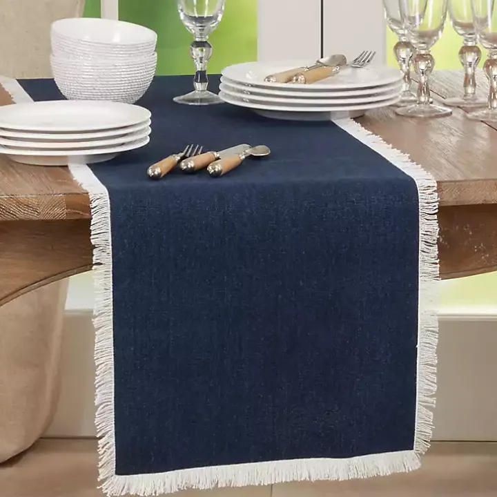 Blue Fringe Border Table Runner, 72 in.