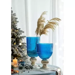 Blue Glass Vase with Silver Pedestal Base, 20 in.