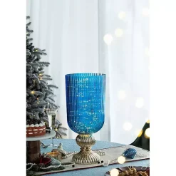 Blue Glass Vase with Silver Pedestal Base, 20 in.
