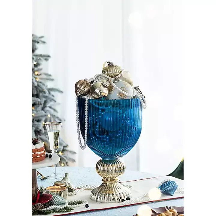 Blue Glass Vase with Silver Pedestal Base, 16 in.