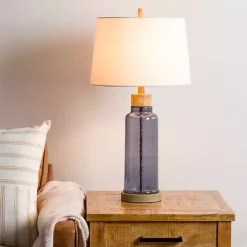 Blue Glass with Wood Trim Table Lamp