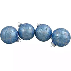 Blue Glitter Plaid Glass Ornaments, Set of 4