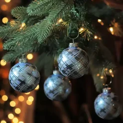 Blue Glitter Plaid Glass Ornaments, Set of 4