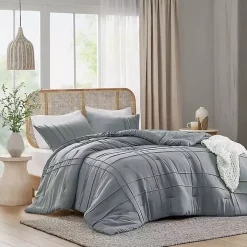 Blue Gray Pleated Grid 3-pc. Queen Comforter Set