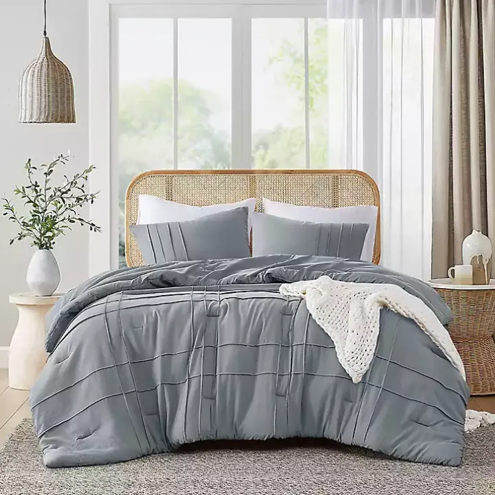Blue Gray Pleated Grid 3-pc. King Comforter Set