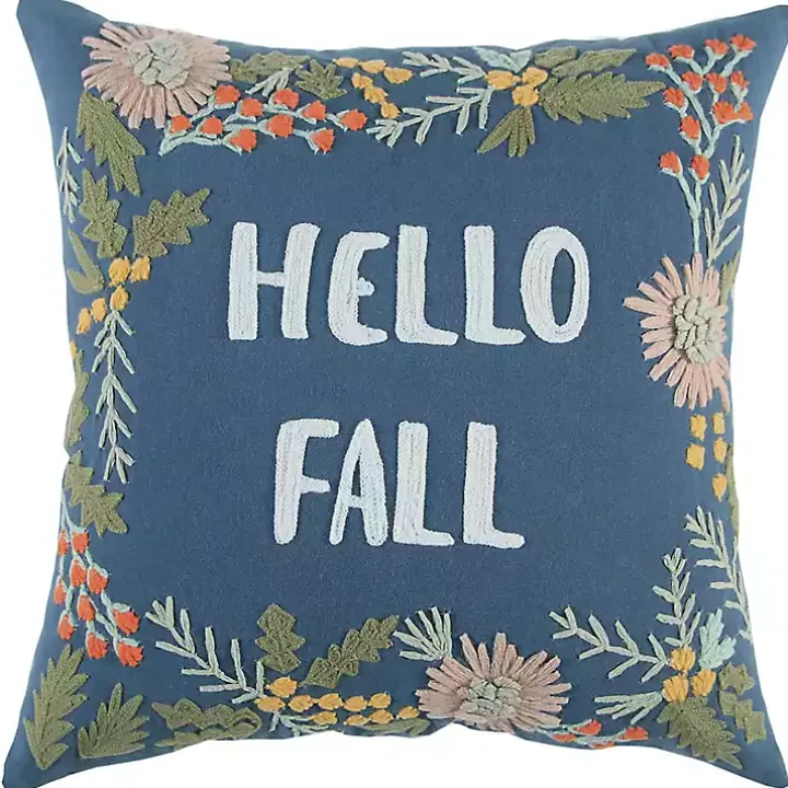 Blue Hello Fall Embroidered Pillow