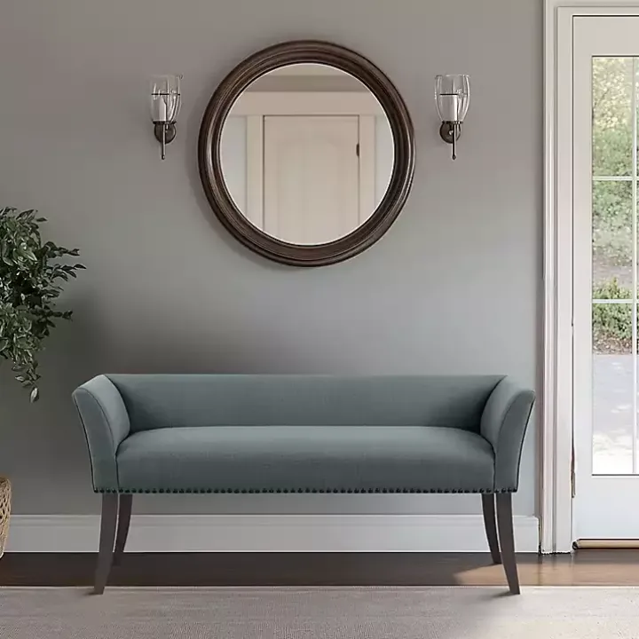 Blue Low Back Flared Nailhead Trim Bench