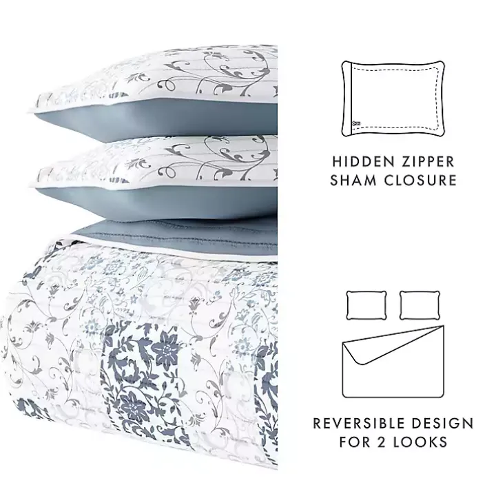 Blue Patchwork Reversible 3-pc. Queen Quilt Set