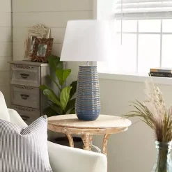 Blue Ribbed Stoneware Table Lamp
