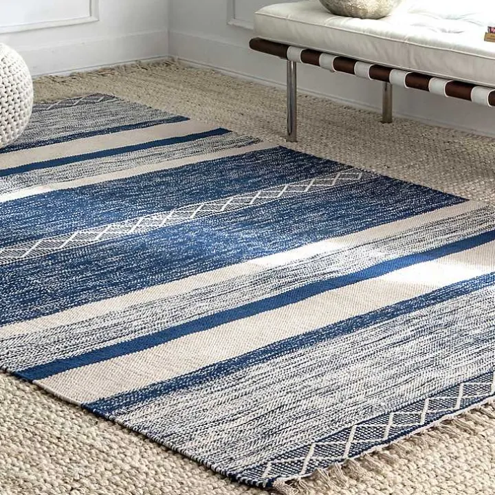 Blue Seabrook Striped Fringe Wool Area Rug, 7x9