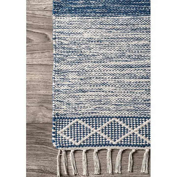 Blue Seabrook Striped Fringe Wool Area Rug, 7x9