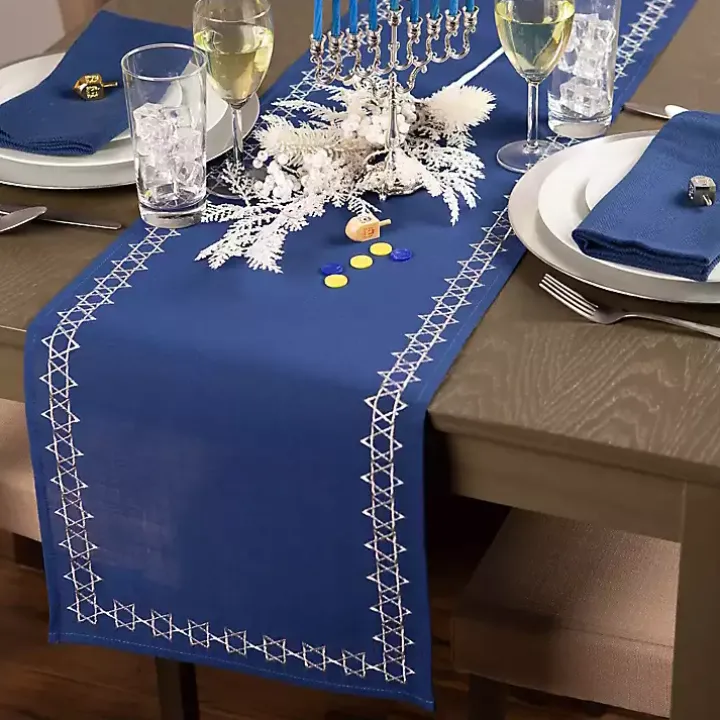Blue Star of David Hanukkah Table Runner