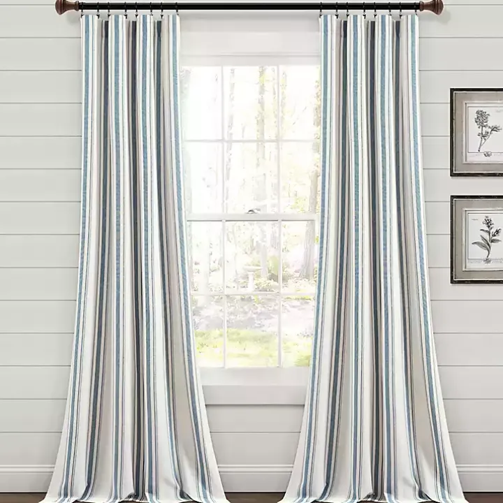 Blue Stripe Farmhouse Curtain Panel Set, 95 in.