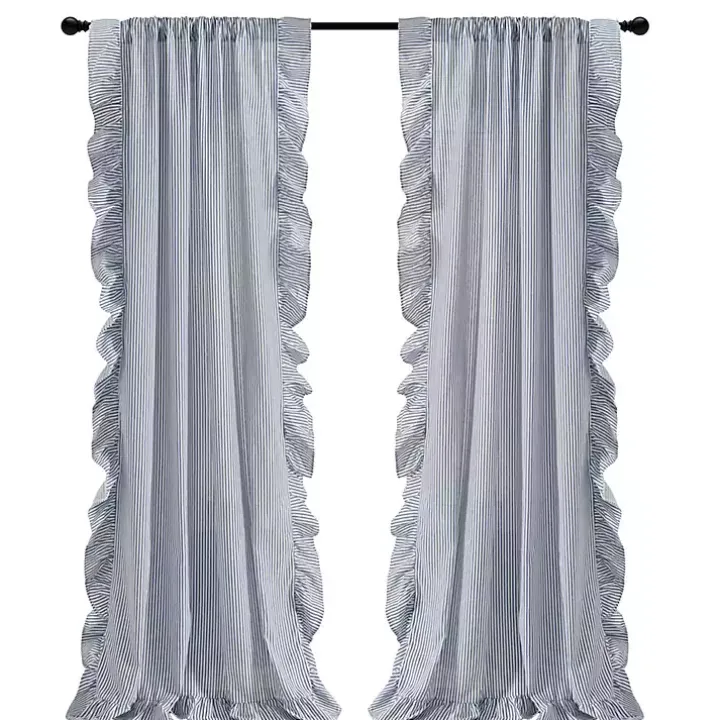 Blue Stripe Ruffled Curtain Panel Set, 84 in.