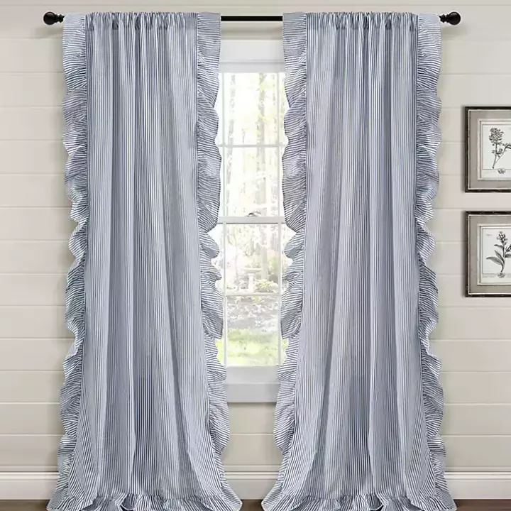 Blue Stripe Ruffled Curtain Panel Set, 84 in.