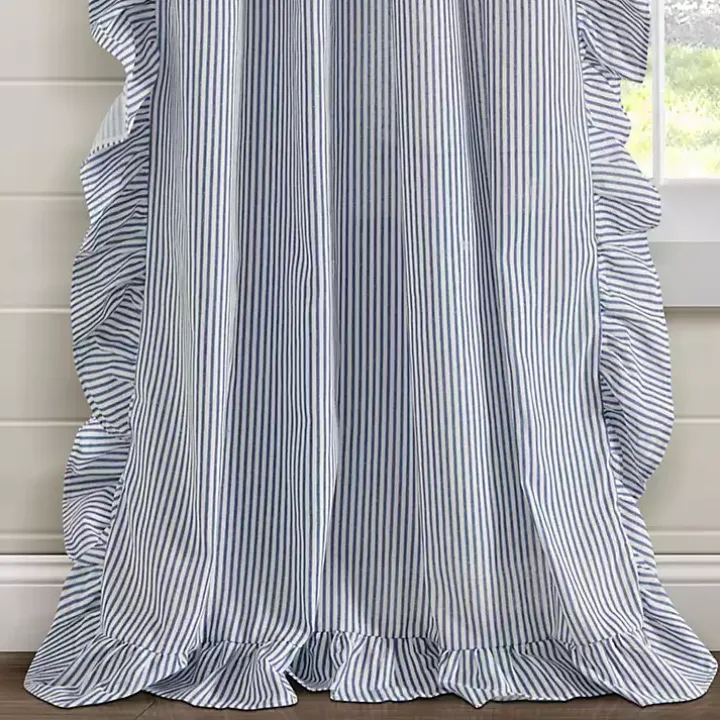 Blue Stripe Ruffled Curtain Panel Set, 84 in.