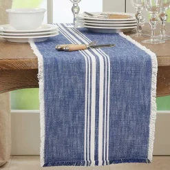 Blue Striped Fringe Table Runner, 72 in.