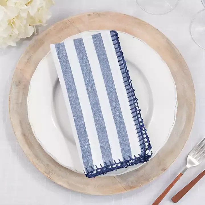 Blue Striped Whipstich Napkins, Set of 4