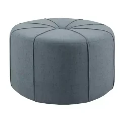 Blue Thick Welting Center Button Oval Ottoman