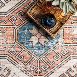 Blue Tribal Motif Washable Area Rug, 5x8