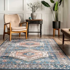 Blue Tribal Motif Washable Area Rug, 5x8