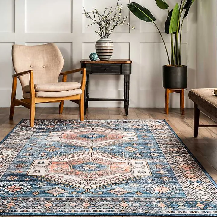 Blue Tribal Motif Washable Area Rug, 5x8