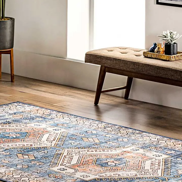 Blue Tribal Motif Washable Area Rug, 5x8