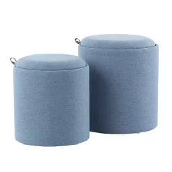 Blue Upholstered Ottomans with Tray Tops, Set of 2