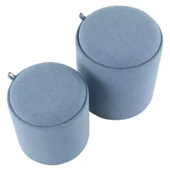 Blue Upholstered Ottomans with Tray Tops, Set of 2