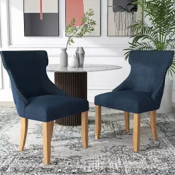 Blue Upholstered Wingback Dining Chairs, Set of 2