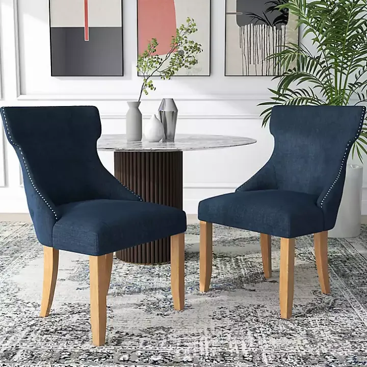 Blue Upholstered Wingback Dining Chairs, Set of 2