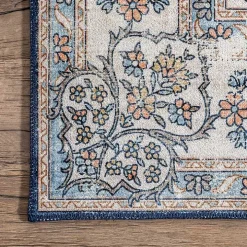 Blue Vintage Floral Washable Area Rug, 5x8