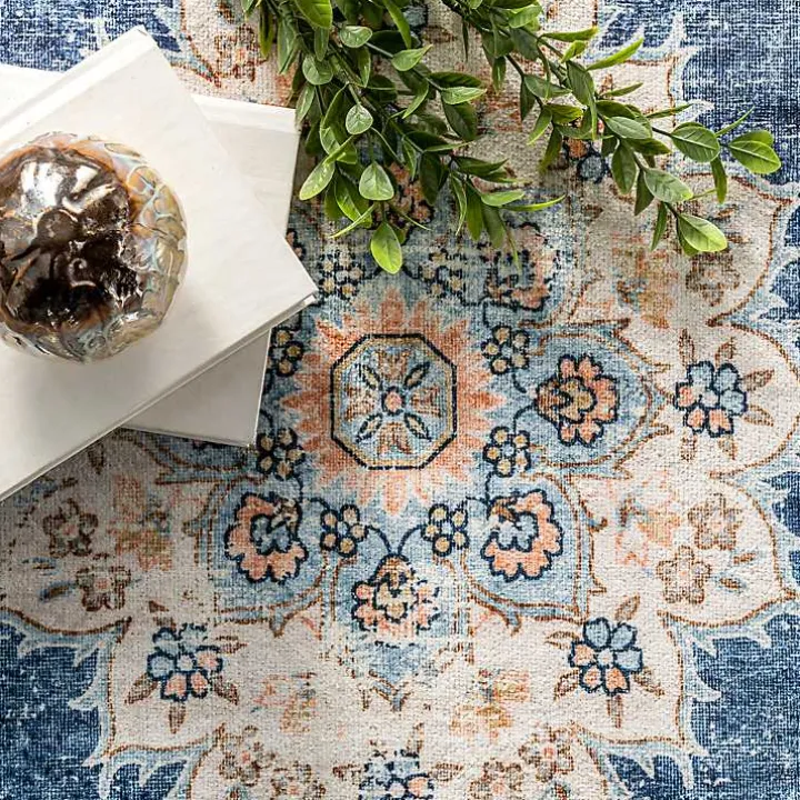 Blue Vintage Floral Washable Area Rug, 5x8