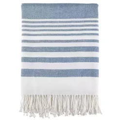 Blue White Stripe Throw Blanket with Fringe
