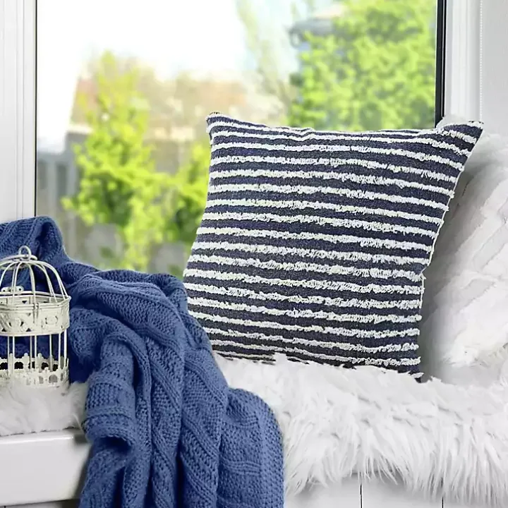 Blue Wispy Ways Tufted Stripes Cotton Pillow