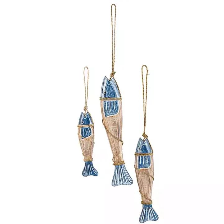 Blue Wood Fish Hanging Wall Plaques, Set of 3