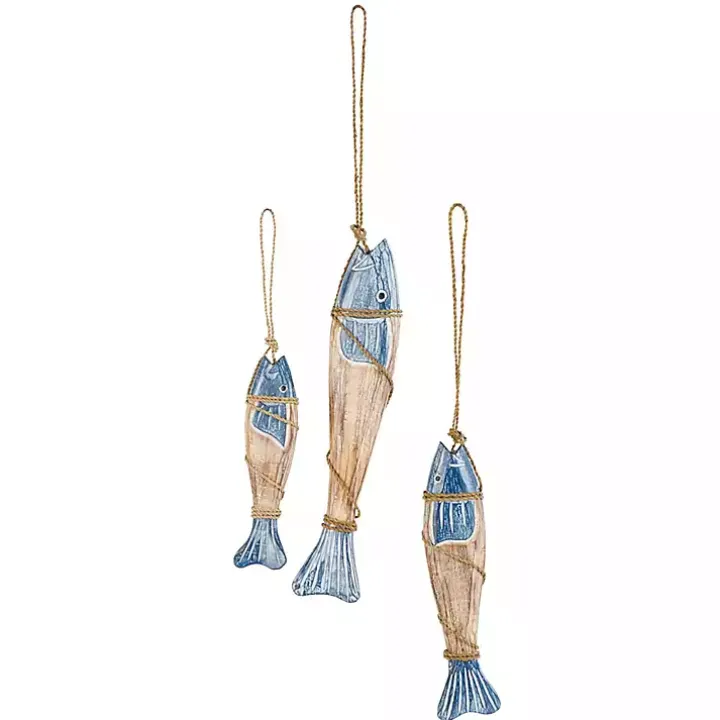 Blue Wood Fish Hanging Wall Plaques, Set of 3