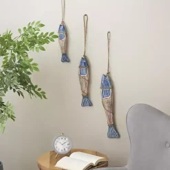 Blue Wood Fish Hanging Wall Plaques, Set of 3