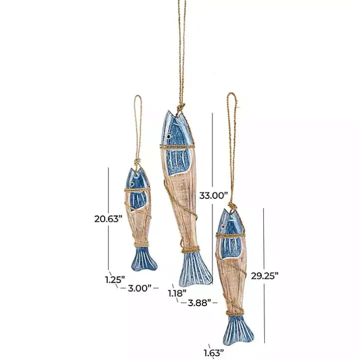 Blue Wood Fish Hanging Wall Plaques, Set of 3